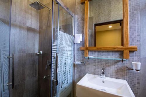 une salle de bain avec lavabo et douche dans l'établissement Hill Pride City Hotel, à Nuwara Eliya