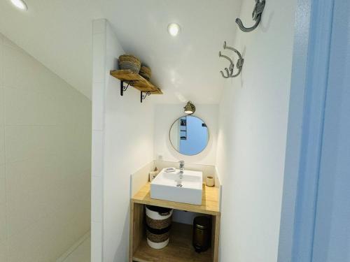 une salle de bain avec un lavabo et un miroir dans l'établissement Studio Téviec, 50m plage, parking, wifi, à Penthièvre