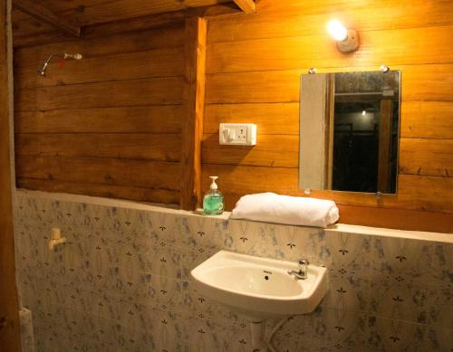 a bathroom with a sink and a mirror at Wonderland Hostel in Anjuna