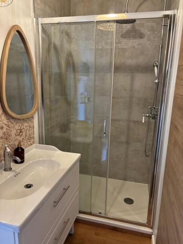 une salle de bain avec douche et lavabo dans l'établissement Le T2 des rives, à Bayon