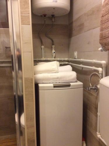 a bathroom with a refrigerator and a pile of towels at Holiday Home Stevas in Žabljak