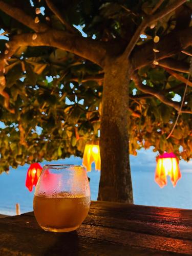 a glass of beer sitting on a table in front of a tree at The Dreamcatcher Hostel Nathon SamuiSunset in Nathon