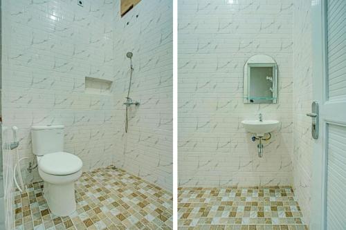 two pictures of a bathroom with a toilet and a sink at OYO 92990 Nena Kostel Syariah in Padang