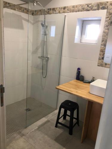 a bathroom with a shower with a table and a sink at Domaine de Praline - Le potager de Justin in Villerbon