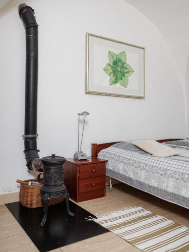 a bedroom with a bed and a stove at Zamość Dwór Udrycze in Udrycze