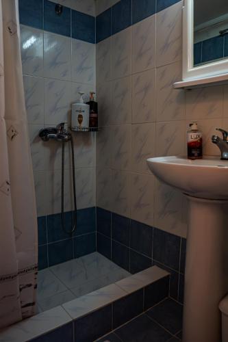 a bathroom with a shower and a sink at Tholos in Áno Dholianá