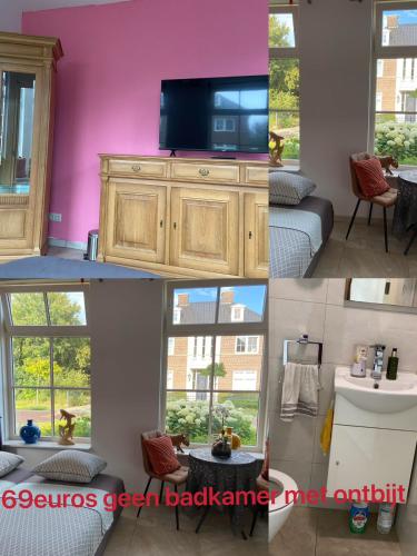 a room with a tv on a dresser and a room with a couch at Room D no bathroom, geen badkamer in Aalten