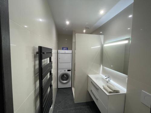 une salle de bain avec une machine à laver et un lavabo dans l'établissement Thegreatflat, à Paris