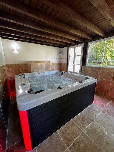 une grande baignoire dans une pièce avec une fenêtre dans l'établissement Le Domaine du Cerf - Gites, nature et Spa, à Saint-Ouen-les-Vignes