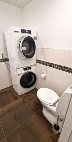 a washing machine sitting next to a toilet in a bathroom at Haus Soltun-Was will man mehr! in Runde