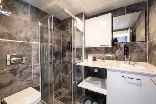 a bathroom with a shower and a sink and a toilet at 216 Bosphorus in Istanbul