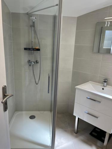 a shower with a glass door next to a sink at Maison indépendante 2 Chambres avec terrasse et jardin in Saint-Aunès