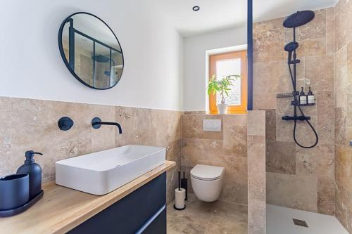a bathroom with a sink and a shower at Superbe appartement, terrasse et parking privatif in Schiltigheim