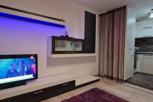 a living room with a flat screen tv on a wall at Prestige Apartments Suceava in Suceava