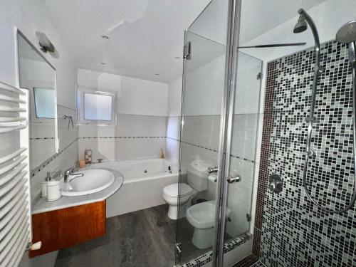 a bathroom with a sink and a toilet and a shower at Bosque de Ciruelos in Carilo