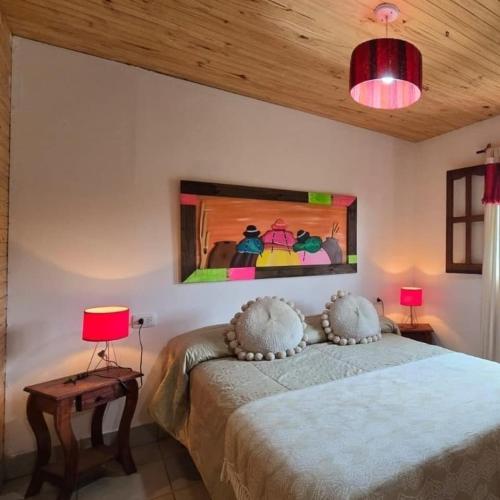 a bedroom with a bed with two lamps and a painting on the wall at Aires de Tafi in Tafí del Valle