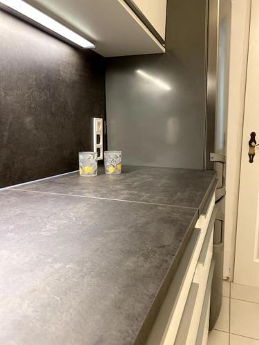 a kitchen with a counter top with two buckets at Design Stadthaus Apartment mit privatem Zugang in Hallein