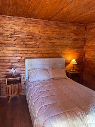 a bed in a room with a wooden wall at Cabañas KAPO TEAM in Villa Amancay