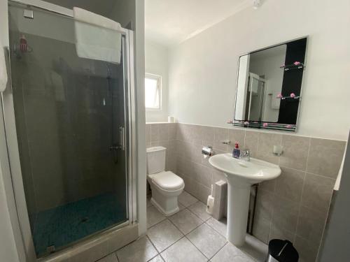 a bathroom with a shower and a toilet and a sink at Stephna Residence in Anse Boileau