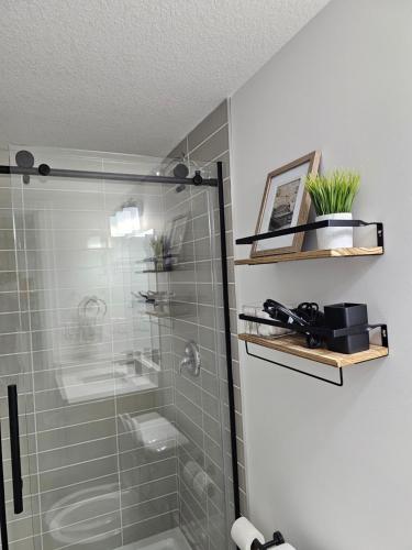 a bathroom with a shower with a glass shower stall at Cozy 2 bedrooms and 1 bath for 4 guests! in Calgary