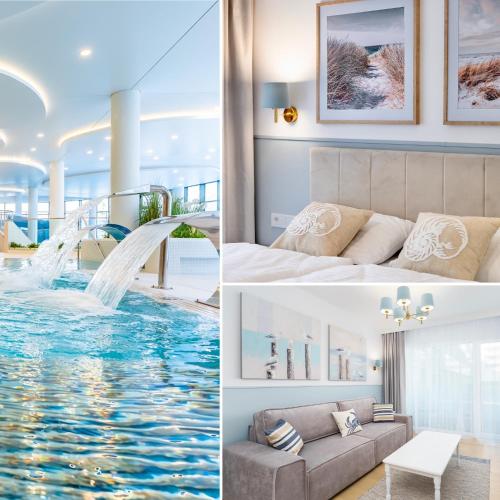 a room with a swimming pool and a living room at FARO Apartamenty Polanki Aqua SPA Deluxe 4 baseny w cenie, Pools inklusive in Kołobrzeg