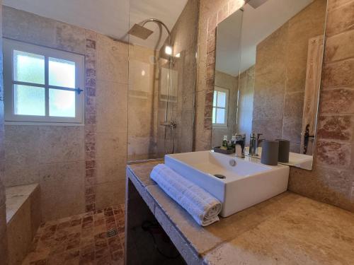 a bathroom with a white sink and a shower at Les Garrigues de la Vallée des Baux in Paradou