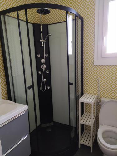 een badkamer met douche en toilet bij Maison de vacances à Portsall in Portsall