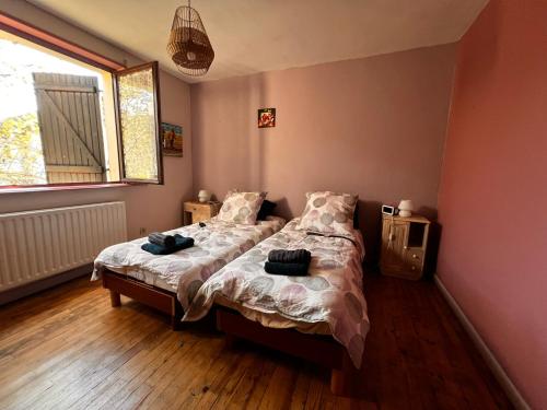 a bedroom with two beds and a tv in it at Gîte de la petite Reine in Champagney