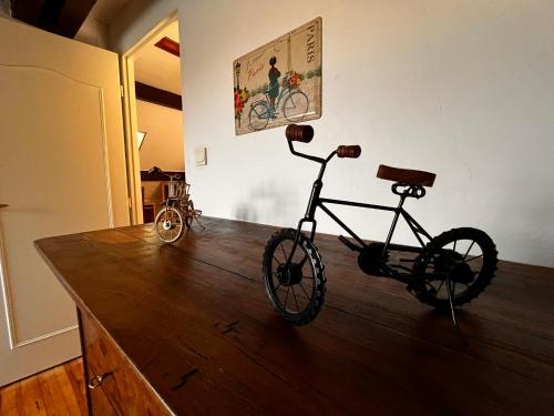 a bike parked on a wooden table in a room at Gîte de la petite Reine in Champagney