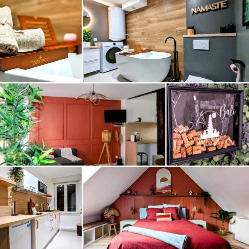 un collage de photos d'une chambre et d'une salle de bains dans l'établissement Le Petit Bali, à Sélestat