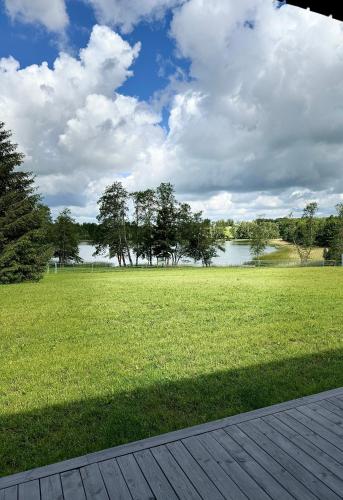 a grassy field with trees and a body of water at Kaštonų krantas in Antotylʼtse