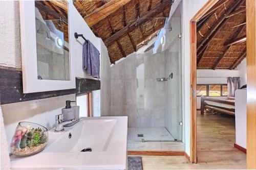 a bathroom with a white sink and a shower at Thula-Thula Private Game Lodge Mabalingwe in Bela-Bela