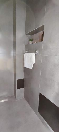 a bathroom with a shower with a white towel at Oldtown Prishtina Apartments in Pristina