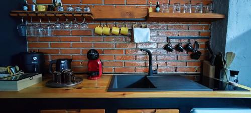 a kitchen counter with a sink and a brick wall at Oldtown Prishtina Apartments in Pristina
