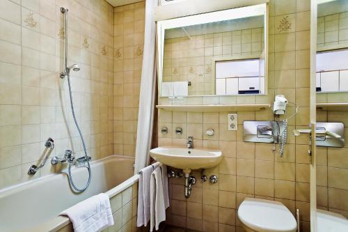 La salle de bains est pourvue d'un lavabo, de toilettes et d'une douche. dans l'établissement Appartmenthaus Thermenhof, à Bad Füssing