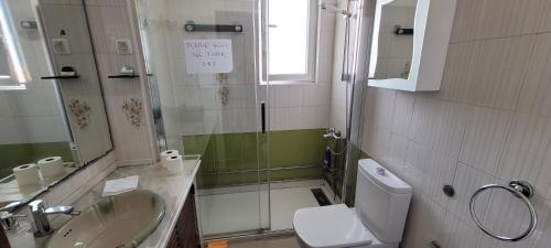 a bathroom with a sink and a toilet and a mirror at Cozy Room near Airport , Metro and Train Station in Lisbon