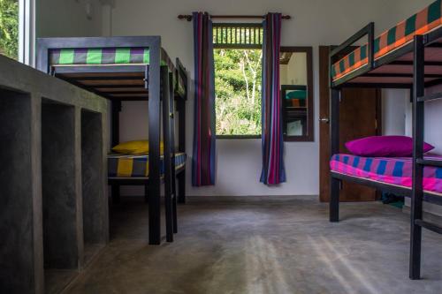a room with two bunk beds and a window at Sinharaja Hostel in Deniyaya