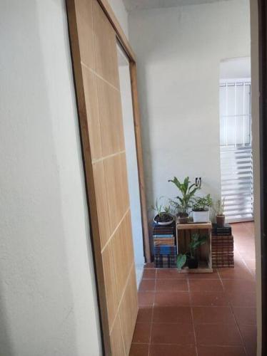 a hallway with a door and some plants in a room at Refugio dos viajantes in Piraí
