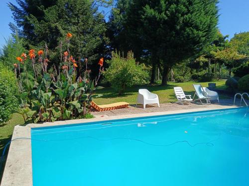 a swimming pool with chairs and a garden with flowers at Casa Sardão in Trofa