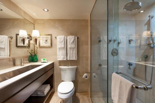 a bathroom with a toilet and a glass shower at Le Nouvel Hotel in Montréal