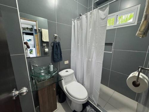 a bathroom with a toilet and a sink and a shower at Apartamento Totalmente Equipado in Mixco