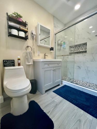 a bathroom with a toilet and a glass shower at New York City Apartment Near Free Ferry Boat! in Stapleton