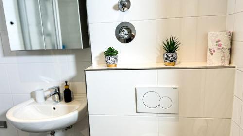 a bathroom with a sink and two plants on a shelf at Business Apartment Altstadt in Bremen