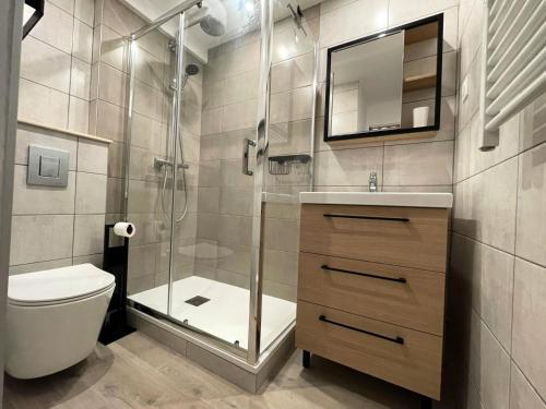 une salle de bain avec une douche, des toilettes et un lavabo dans l'établissement Résidence Hameaux I - Studio mezzanine 4 personnes - Plagne Village MAE-4704, à La Plagne Tarentaise