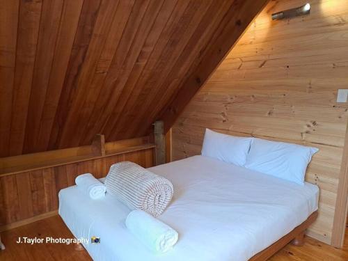 a bed in a wooden cabin with white sheets and pillows at Mt Elephant Bush Retreat - Gray in Gray