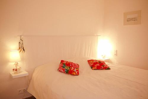 two pillows sitting on top of a white bed at Studio Apartment Centre Historique in Arles