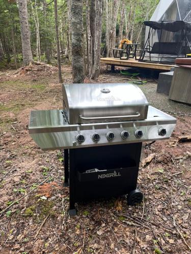 a grill sitting in the woods next to a tent at Chamcook_B Dome in Saint Andrews