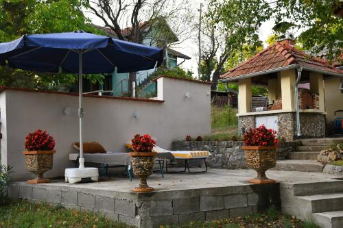 a patio with an umbrella in front of a house at Dunavska Priča in Negotin