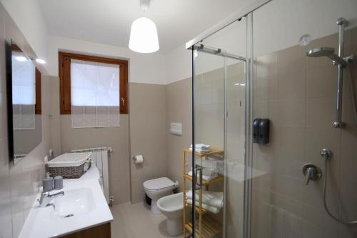 a bathroom with a shower and a toilet and a sink at La casetta di Lorena in Clusone