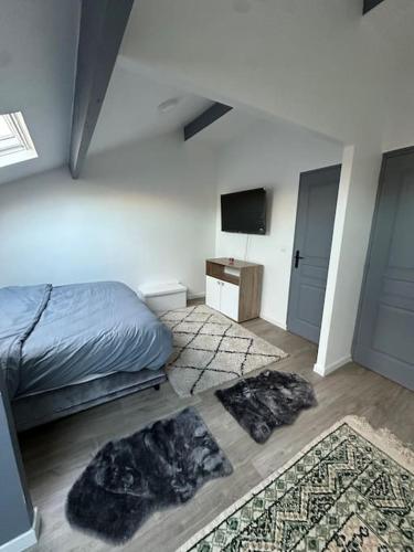 a bedroom with a bed and a tv and a rug at Sublime maison de 2 étages avec cour in Chilly-Mazarin